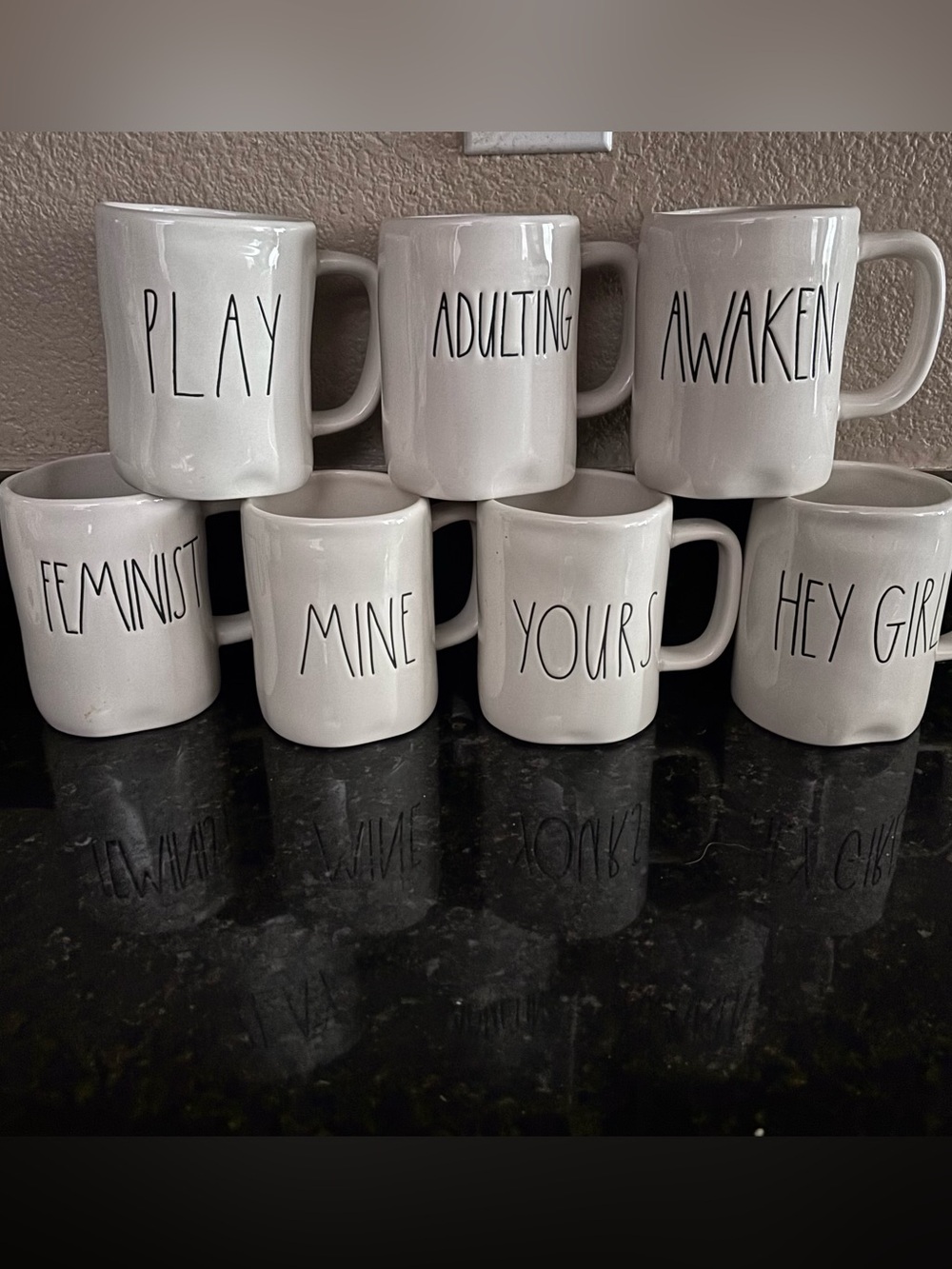 Rae Dunn White Ceramic Mugs Set with Black Lettering